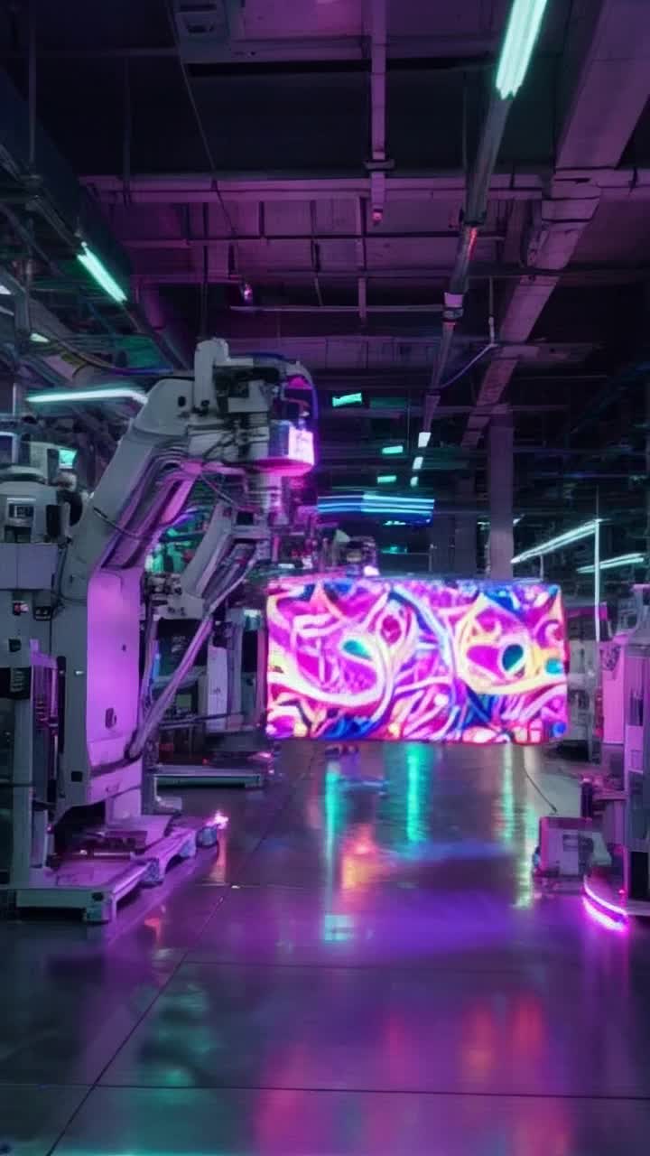 Robotic machines glimmering with metallic surfaces humming together in perfect synchrony crafting vibrant products pulsating with psychedelic patterns swirling colors illuminating sleek high-tech factory spaces filled with soft neon lights casting shadows on polished floors showcasing intricate designs merging precision with artistry an electric atmosphere igniting creativity as sparks fly through the air melding technology with imagination