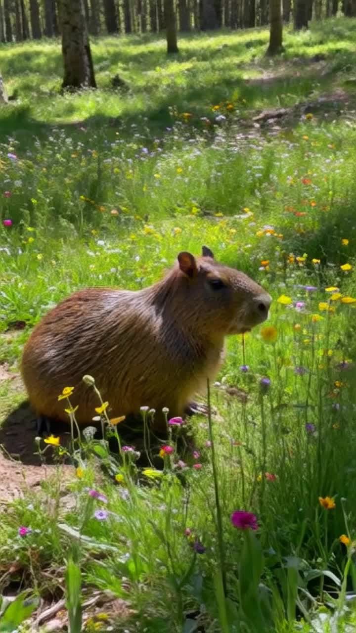 Adorable capybara lounging playfully among colorful wildflowers Radiant sunlight filtering through vibrant green leaves creating dappled patterns on soft forest floor 