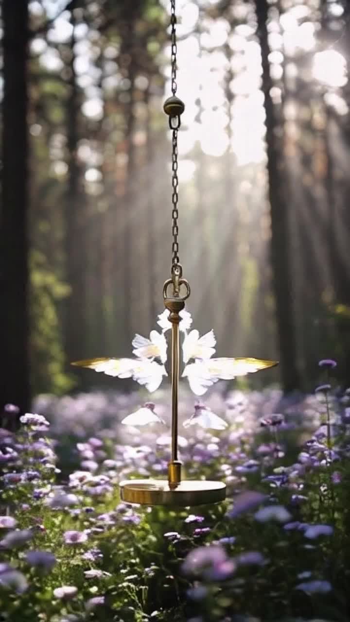 Swaying pendulum adorned with shimmering angels gliding gracefully through the air Soft whispers echo as they dance around the pendulums arc Enchanted forest filled with vibrant flowers glowing under a golden sunrise Light filters through the leaves creating a magical atmosphere