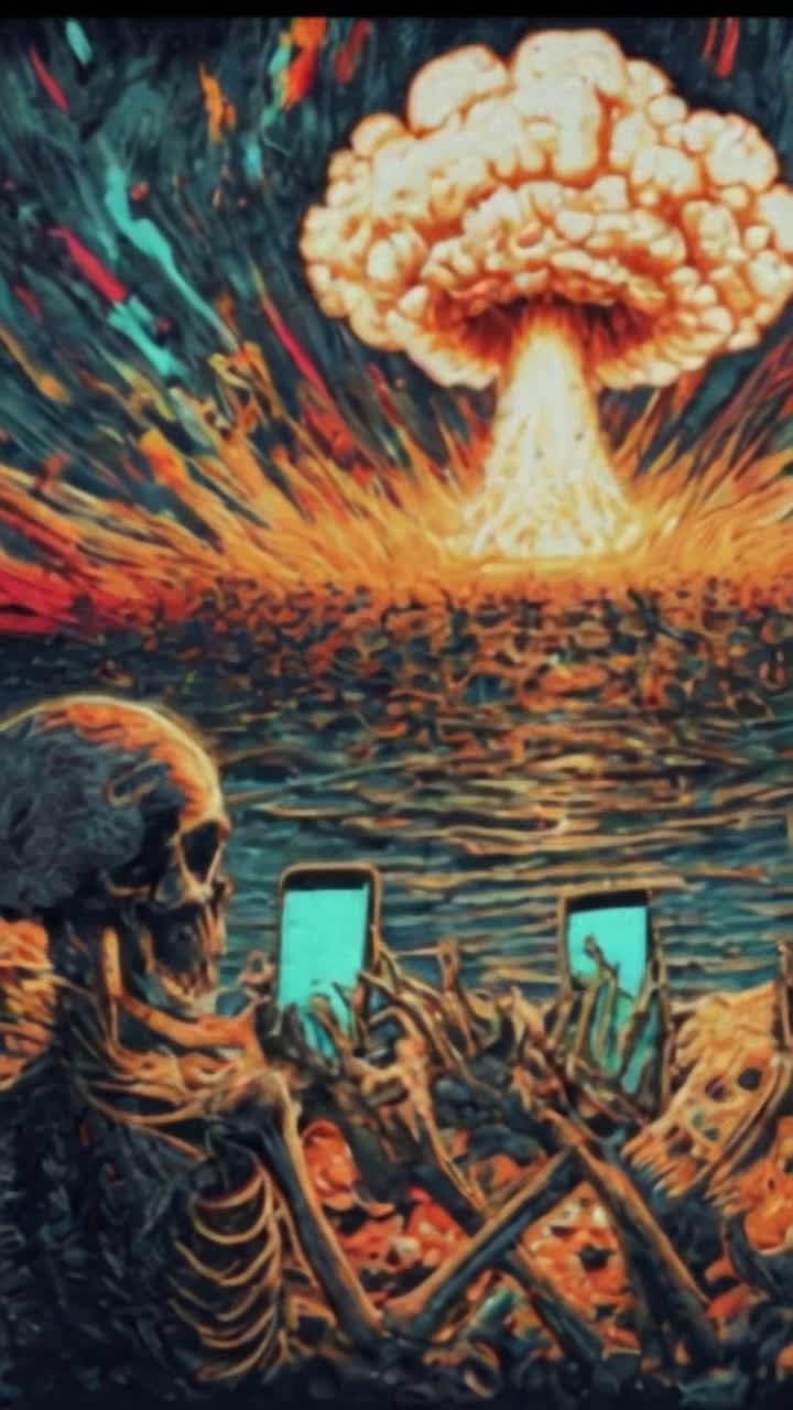 Eerie skeletons grasping vibrant smartphones capturing stunning images of a colossal nuclear explosion erupting with fiery tendrils and blinding light Grinning skulls with empty eye sockets radiate excitement as they snap the moment, frozen in time Background scene enveloped in billowing clouds of ash and vibrant orange and yellow flames reaching skyward, casting dramatic shadows Distant silhouettes of crumbling buildings add an unsettling contrast to the vibrant chaos before them