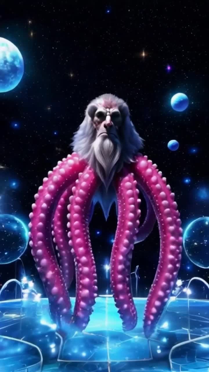 Majestic Saint Bernard head  with eight vibrant octopus legs gracefully gliding above astonished crowd in celestial space court filled with twinkling stars and glowing planets surrounding translucent floating structures reflecting cosmic light