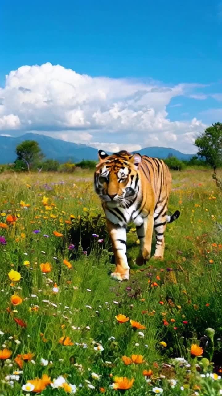 Majestic striped tiger meandering gracefully vibrant wildflowerfilled weed field enriched with hues of green and gold dappled sunlight shimmering on playful leaves blissful expression revealing a carefree spirit swaying gently in rhythm with soft breeze surrounding distant mountains towering under a cerulean sky fluffy clouds drifting serenely blissfully unaware of time dancing with nature whimsical butterflies flitting about enchanting atmosphere evoking tranquility and wonder