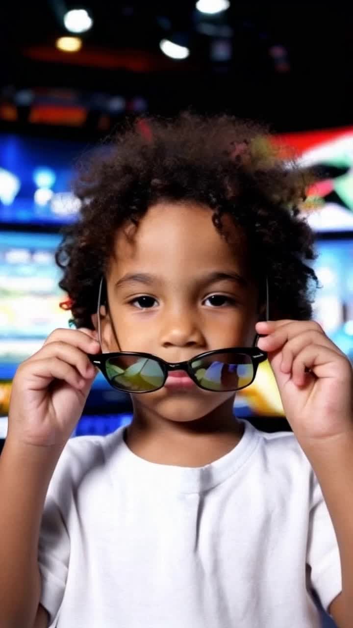 Curlyhaired boy wearing stylish sunglasses sporting a playful grin adjusting his glasses with a confident flair surrounded by vibrant TV channel setup featuring bright lights colorful screens broadcasting dynamic programs and logos buzzing with energy