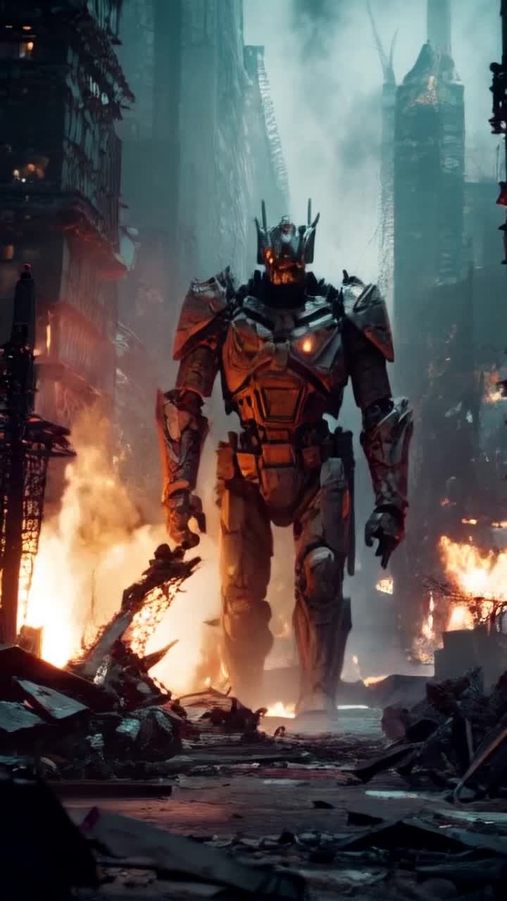 Giant battered mech towering over crumbling skyscrapers flickering lights casting eerie shadows scanning the horizon with glowing sensors rotating its head slowly back and forth surveying devastation amidst flames roaring beneath a darkened sky smoke billowing swirling through alleyways remnants of chaos scattered debris glowing embers rising from molten wreckage bursts of fire illuminating its rusted armor showcasing battle scars hinting at past conflicts determination etched in metal as it trudges forward step by step through apocalyptic landscape searching for signs of life amidst urban inferno