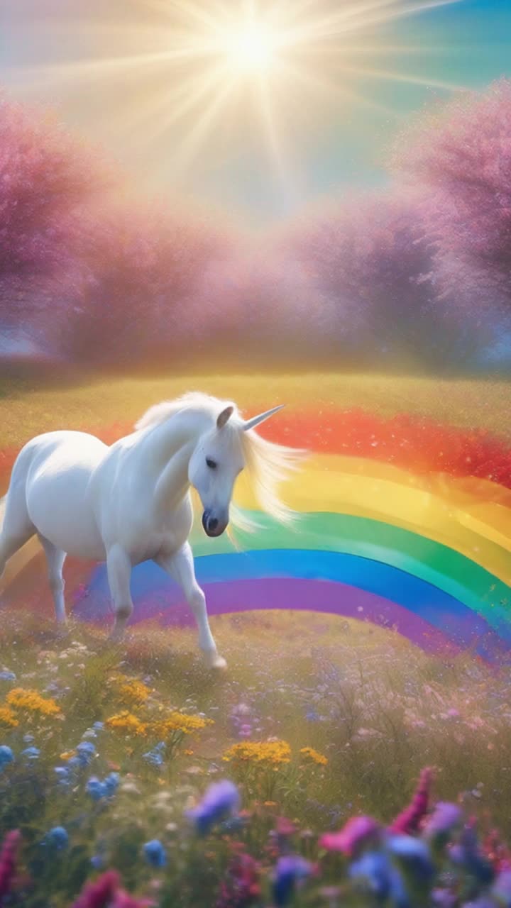 Majestic unicorn shimmering with a radiant white coat spirals gracefully under vibrant multicolored wildflowers swaying in a soft breeze Above a brilliant rainbow stretching across a clear blue sky glistening with golden sunlight