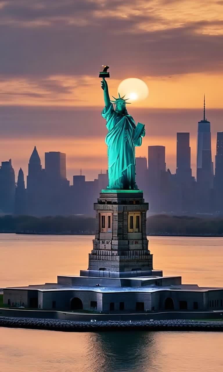 Beautiful Statue of Liberty with the world trade center towers in the background as a beautiful morning sunrise slowly rising