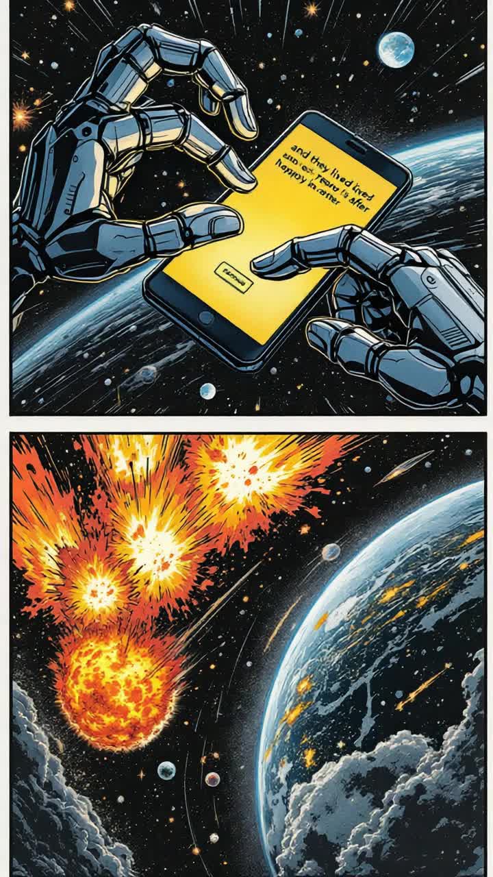 What could happen if a prompt goes horribly wrong, not that a robot hand is typing something in its Android smartphone and with increasingly shaking robot hand digits, finishes a last sentence with , and they lived happily ever after, then shakily taps the send button and from outer space, the whole planet and solar system bursts into multiple explosions