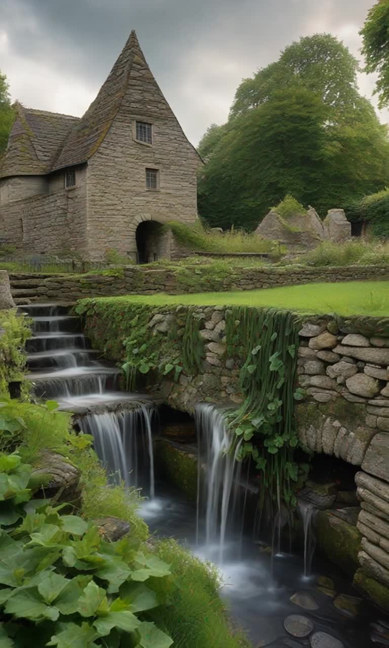Ancient grey stone structures clustered together exuding charm and character portraying times embrace Eerie silence enveloping the scene as soft winds whisper through crevices Water trickles gently from wooden troughs splashing rhyt Lush green grass sprawling around the manor contrasting with weathered stones Overgrown ivy cascades down walls creating a tapestry of natures reclaiming A hazy evening sky painted with oranges and purples sets a wistful backdrop as shadows elongate across the landscape inviting exploration into forgotten stories of history hidden within these quaint relics