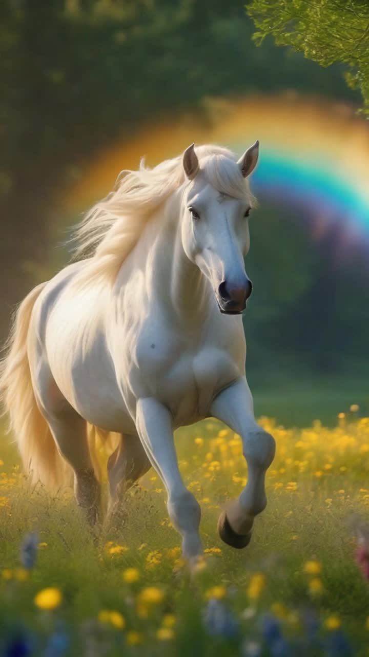 Majestic unicorn with a shimmering white coat gallops gracefully among vibrant wildflowers swaying in a gentle breeze Brilliant rainbow arches across an endless azure sky sparkling with warm golden sunlight Playful shadows dance on lush green grass glistening with morning dew as nature awakens to a new day