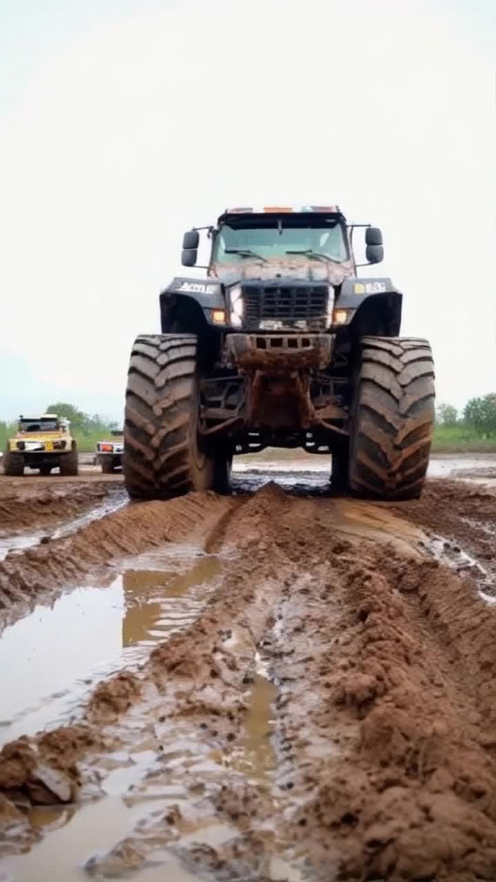 A giant monster truck with the biggest wheels ever and with the metallic face of a warthog rolls over to wallow in mud while other smaller trucks rush to get our of the way