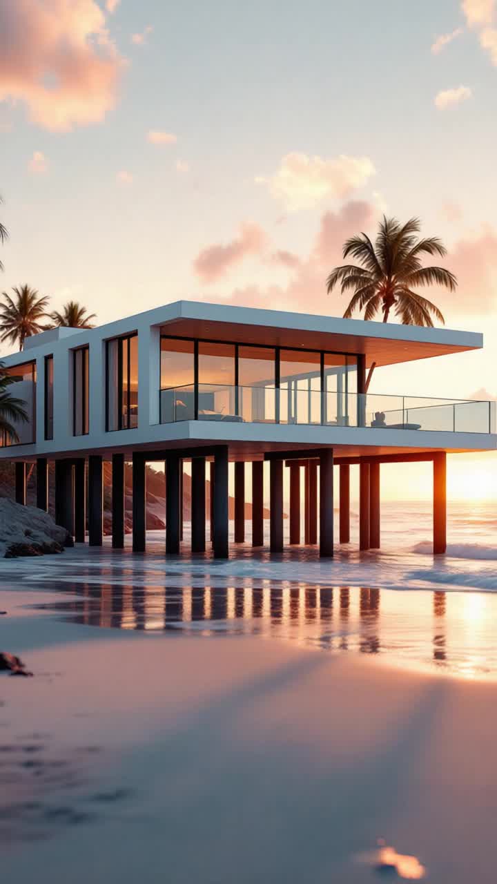 Stunning beach house elevated gracefully on stilts with sleek lines and expansive windows Reflective sunlight dances across the faade as gentle waves lap at the sandy shore Warm hues of orange and pink paint the sky while silhouettes of palm trees sway softly in the evening breeze Tantalizing shadows stretch across the beach inviting serenity and tranquility as the sun dips below the horizon creating a magical atmosphere perfect for relaxation and contemplation