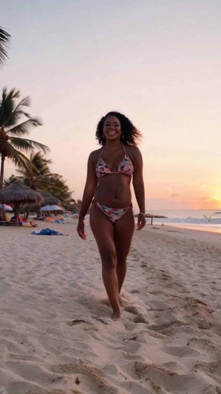 Curvy goddess with radiant confidence swaying gracefully under the sun rhythmic movements captivating onlookers shimmering sand beneath golden rays palm trees swaying gently in warm ocean breeze vibrant colors of beach towels and umbrellas surrounding creating an inviting atmosphere waves crashing softly in the distance playful laughter echoing as seagulls soar overhead vibrant sunset painting the sky with hues of orange and pink blazing fire on horizon