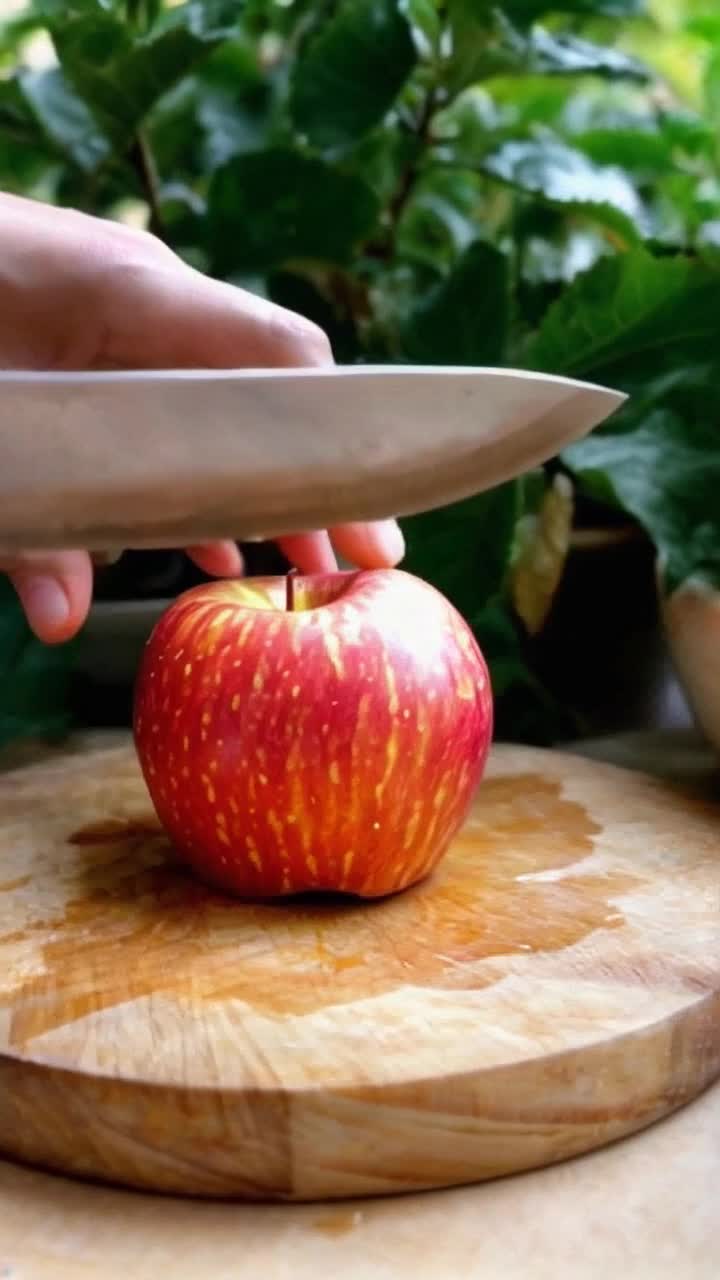 Delicate hands gliding gracefully over a shiny crimson apple slicing with precision and care Crisp sounds echoing as a knife pierces through the skin juice flowing freely into a pristine white bowl Lush green kitchen surrounded by vibrant potted herbs warm sunlight streaming through large windows creating a serene atmosphere for a soothing experience 