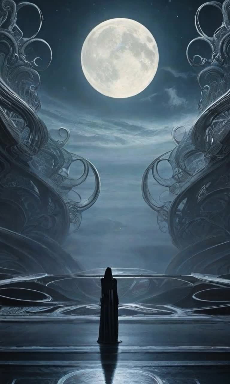 Lone tall slender shadow enveloped in mysterious aura basking in silvery moonlight soaking in luminous energy on misty cold winters night blanketed in soft snowflakes with distant stars twinkling above ancient celestial altar surrounded by ethereal mist casting dreamy glow illuminating tranquil scene inviting whispers of the cosmos