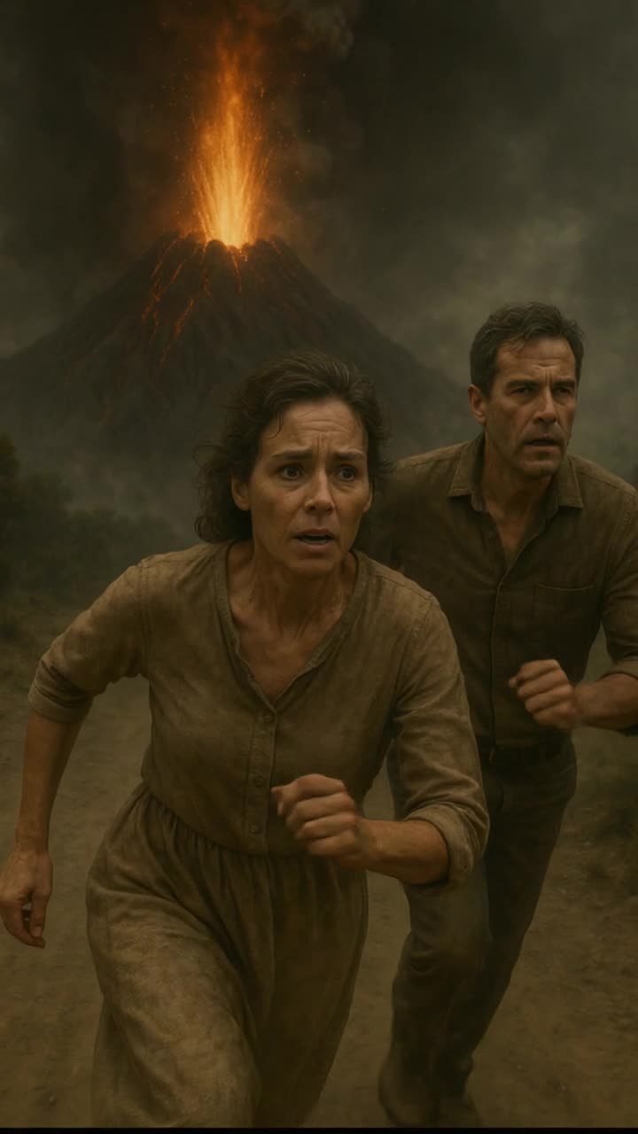Hyperrealistic cinematic video of two adults fleeing a colossal volcanic eruption The woman leads, face filled with terror, sweat and ash streaking her skin, her worn dress flapping as she runs The man follows close, breathless, glancing back at the fiery mountain spewing lava and smoke into a dark, stormchoked sky Ash and embers rain down Tracking shots follow their frantic sprint, lowangle closeups of feet pounding dusty ground, drone shots revealing the glowing volcano towering behind them Flames, falling debris, and blinding flashes of molten rock fill the tense, apocalyptic scene