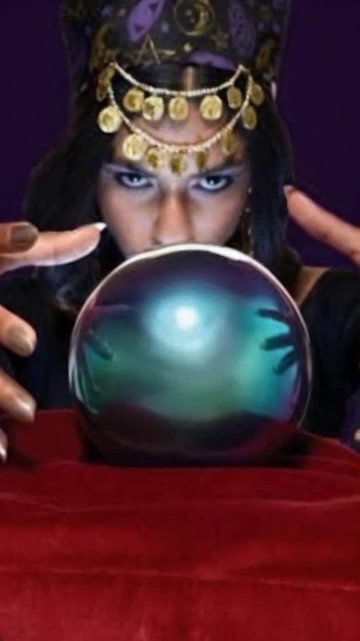 Mystical fortune teller adorned in flowing robes gazes intently into a shimmering crystal ball swirling with wisps of fog illuminating her face with a soft glow visions of the future spark as she moves her hands gracefully casting shadows across the table ancient tapestries and flickering candles crate an enchanting atmosphere surrounded by ancient relics and the scent of incense wafting through the air