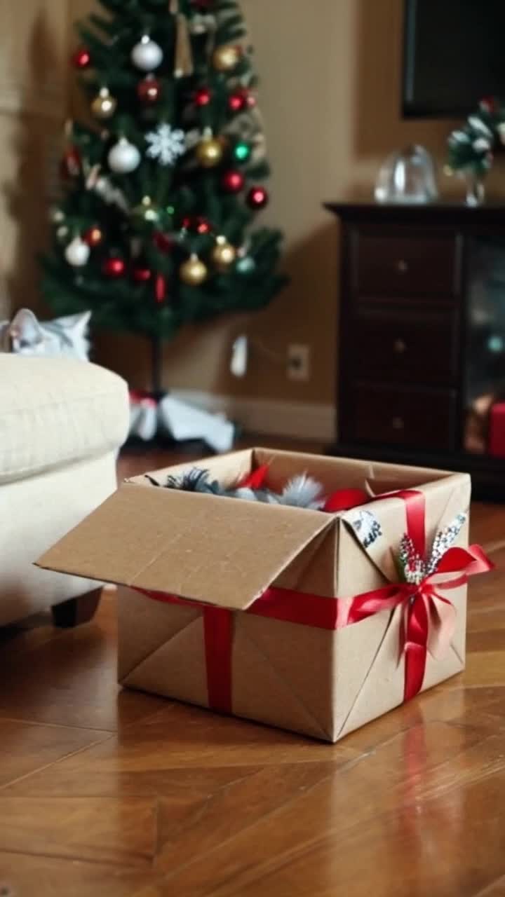 Fluffy Christmas cat with sparkling green eyes showcasing festive collar gliding swiftly across hardwood floor avoiding reaching hands of surprised family members leaping into vibrant gift-wrapped box bursting with colorful ribbons collapsing dramatically under playful weight revealing a flurry of soft feathers swirling around joyous chaos of holiday decorations shimmering lights and heartfelt laughter filling cozy living room atmosphere