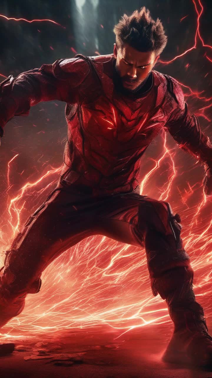 Spiky-haired hero racing forward through swirling shadows of curses and claws unleashing thunderous punches creating bright bursts of light illuminating chaotic battlefield soaked in red gel lighting vibrant with energy and tension electric sparks flying with every hit surrounding silhouettes of foes looming in the darkness frantic movements blending with the rhythm of battle fierce determination etched on the hero's face as the world blurs in a whirlwind of action