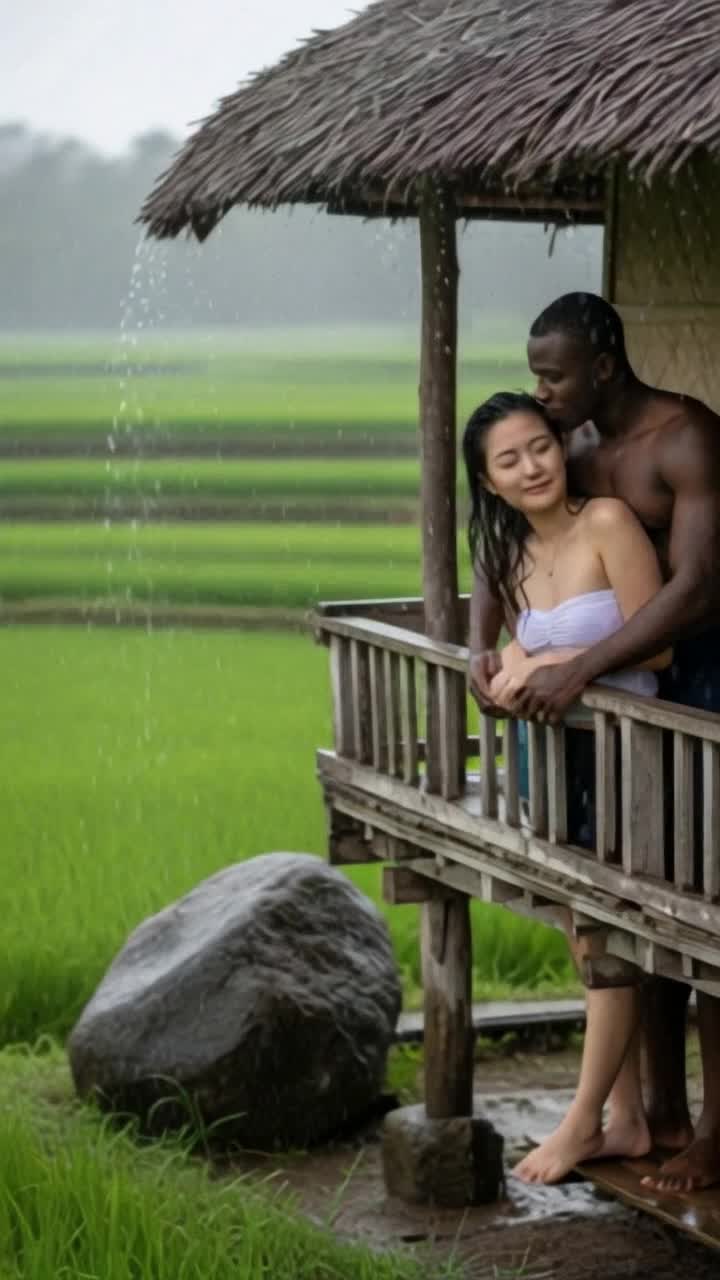 heavy rain, man hugs woman tightly romantically