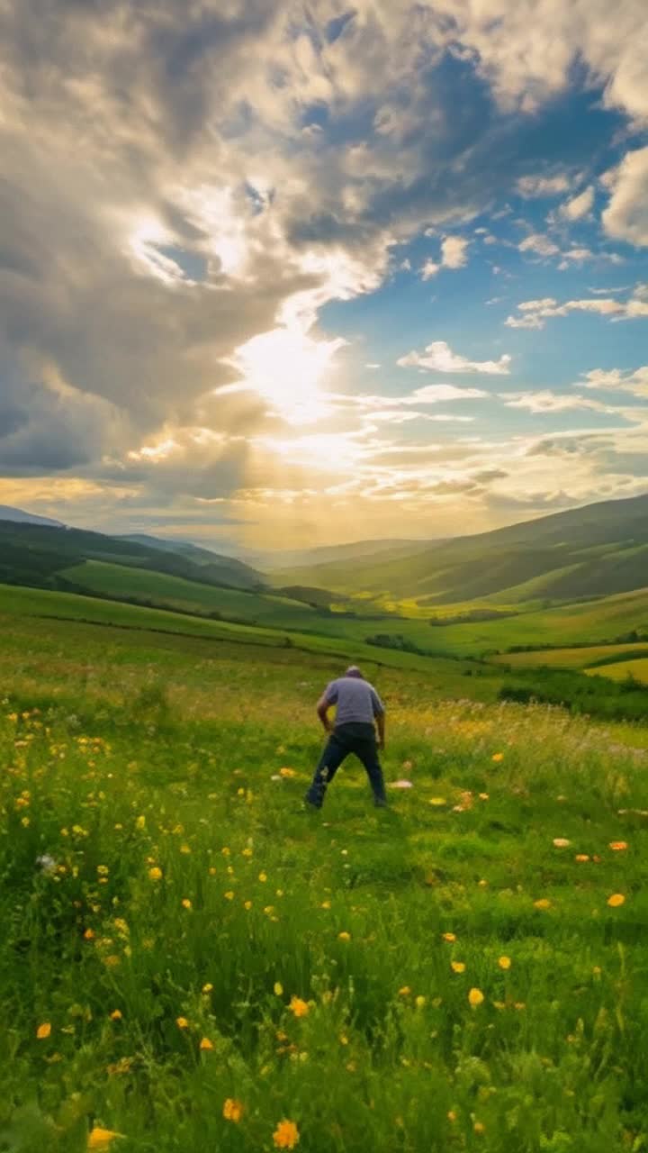 Vibrant hilly landscape with rolling green hills and a vibrant sky Dramatic confrontation between grumpy farmer shouting in frustration at the landscape while defiantly planting his feet into the earth Lush valleys dotted with wildflowers golden sunlight filtering through fluffy clouds creating a whimsical yet tense atmosphere