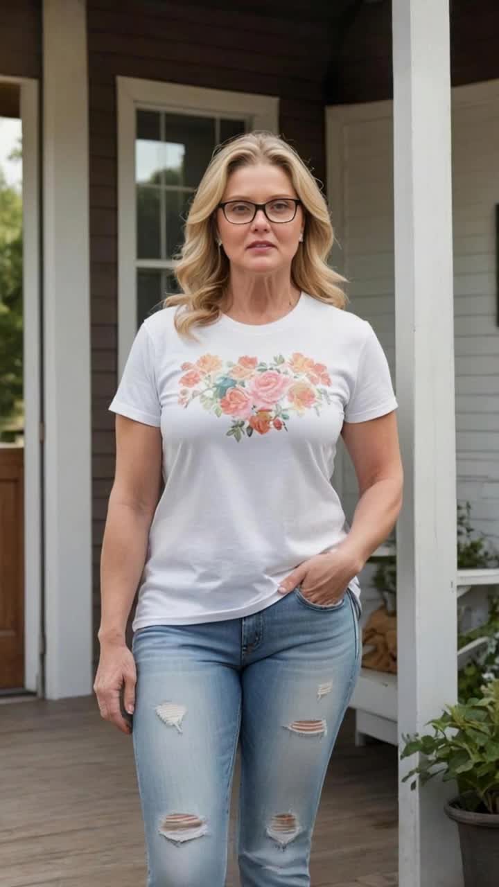 Attractive middleaged woman stands on the porch looking directly at the camera and looking very annoyed, she shifts her weight from one foot to the other and displays subtle impatient body language