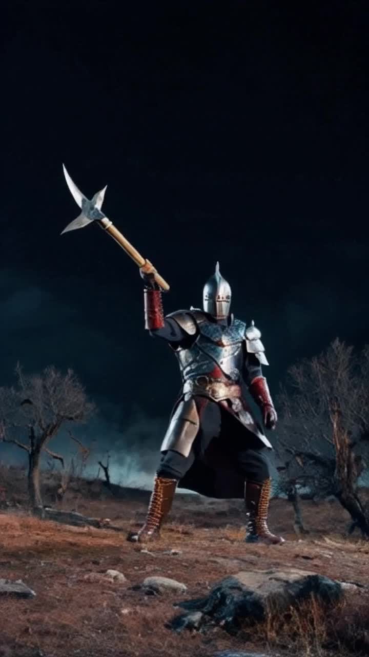 Chosen warrior clad in shimmering armor wielding a colossal axe channels raw energy with a final powerful swing sending rippling shockwaves through the earth scattering remnants of dark forces swirling in despair around him. Sunlight breaks through ominous clouds illuminating a once-vibrant landscape now scarred by conflict with charred remnants of twisted trees and shattered rocks depicting a fierce battle