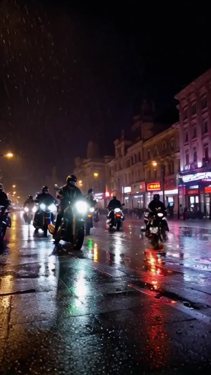 Future cyberpunk futuristic motorcycle running lights neon fluorescent trippy psychedelic surreal cinematic biker gang riding motorcycles on a hitek advance bike