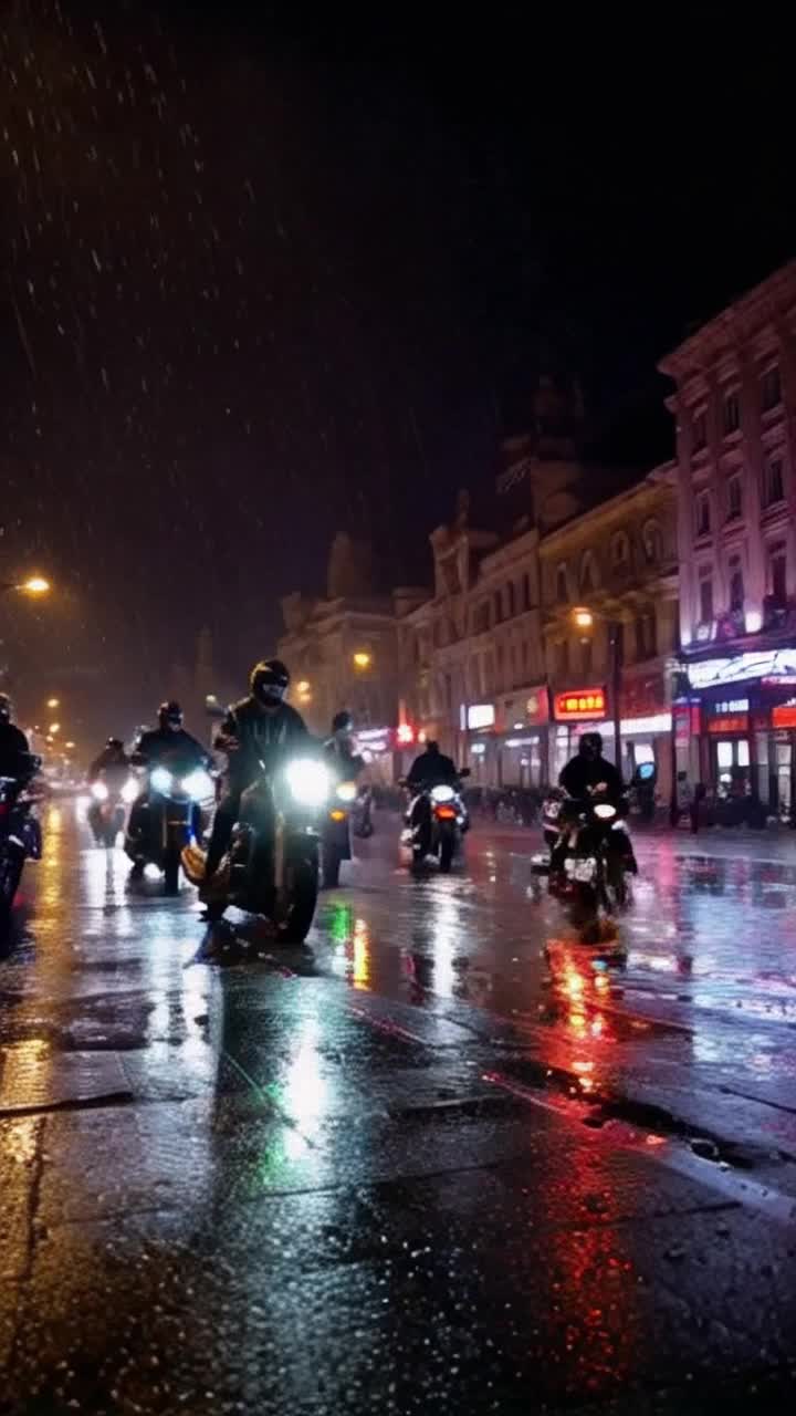 Motorcyclists clad in sleek leather gear zooming through bustling rain-slick streets High-tech motorcycles glowing with vibrant fluorescent lights creating a dazzling spectacle Reflections shimmering on wet pavement under a canopy of colorful neon signs illuminating the night sky Surreal urban landscape alive with energy and motion as raindrops dance in the air capturing the pulsating rhythm of adventure