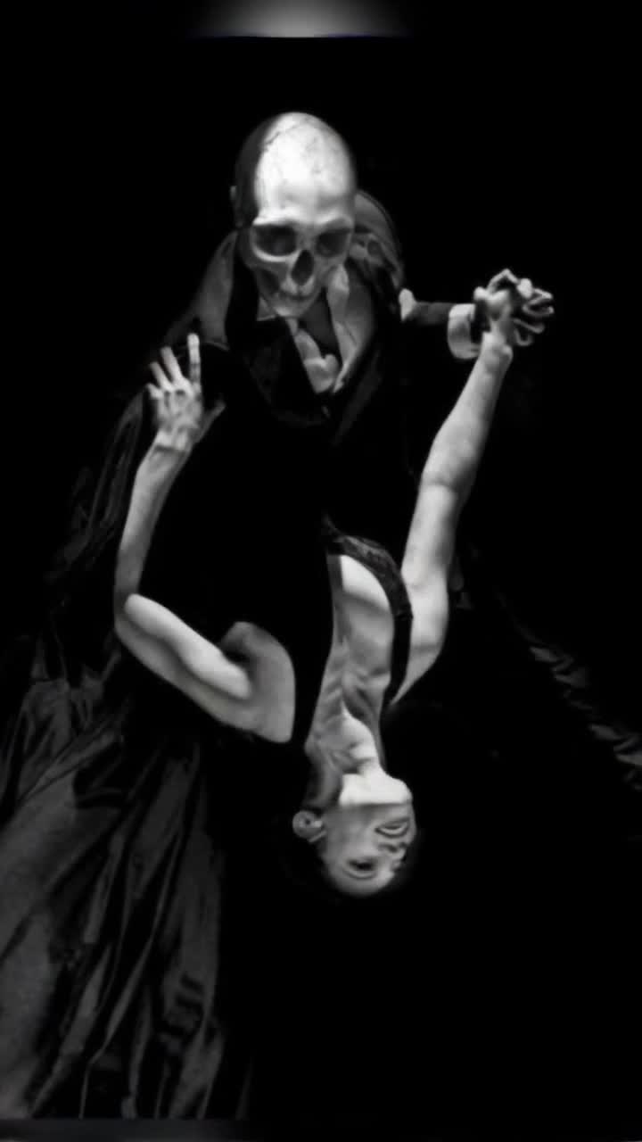 A beautiful woman, dressed in a elegant tight black dress that moves and fliws beautifully, dances with death, a skeleton dressed in a slick black suit, they tango together and he dips her back passionately as she leans, a black and white checkered tile ballroom floor beneath them, the background is a gorgeous night sky with galaxies and stars lighting up the sky, 