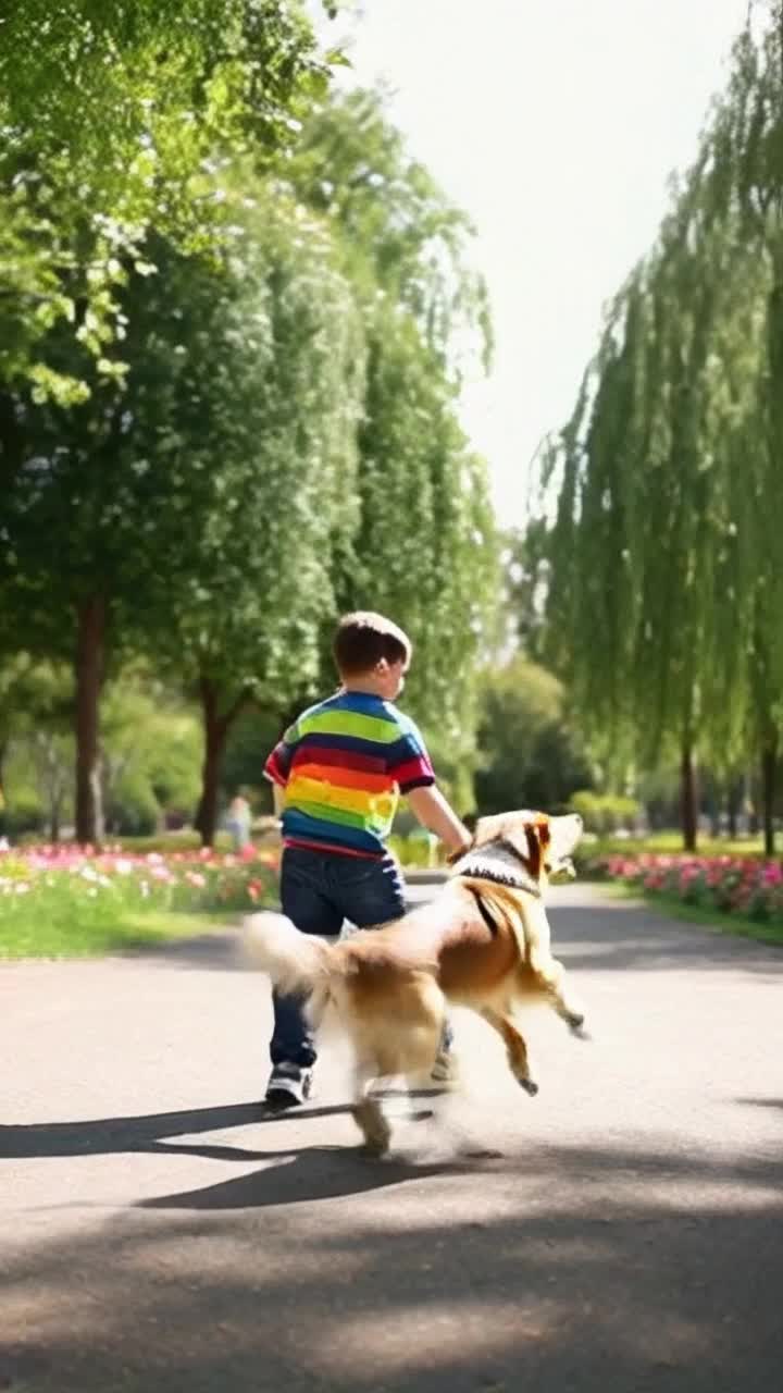 Joyful boy with a bright smile wearing a colorful shirt lively twirls with an energetic golden retriever who joyfully hops around him graceful leaps and playful spins filled with excitement and laughter sunlit park bursting with vibrant flowers and tall green trees soft breeze rustling leaves creating a cheerful atmosphere