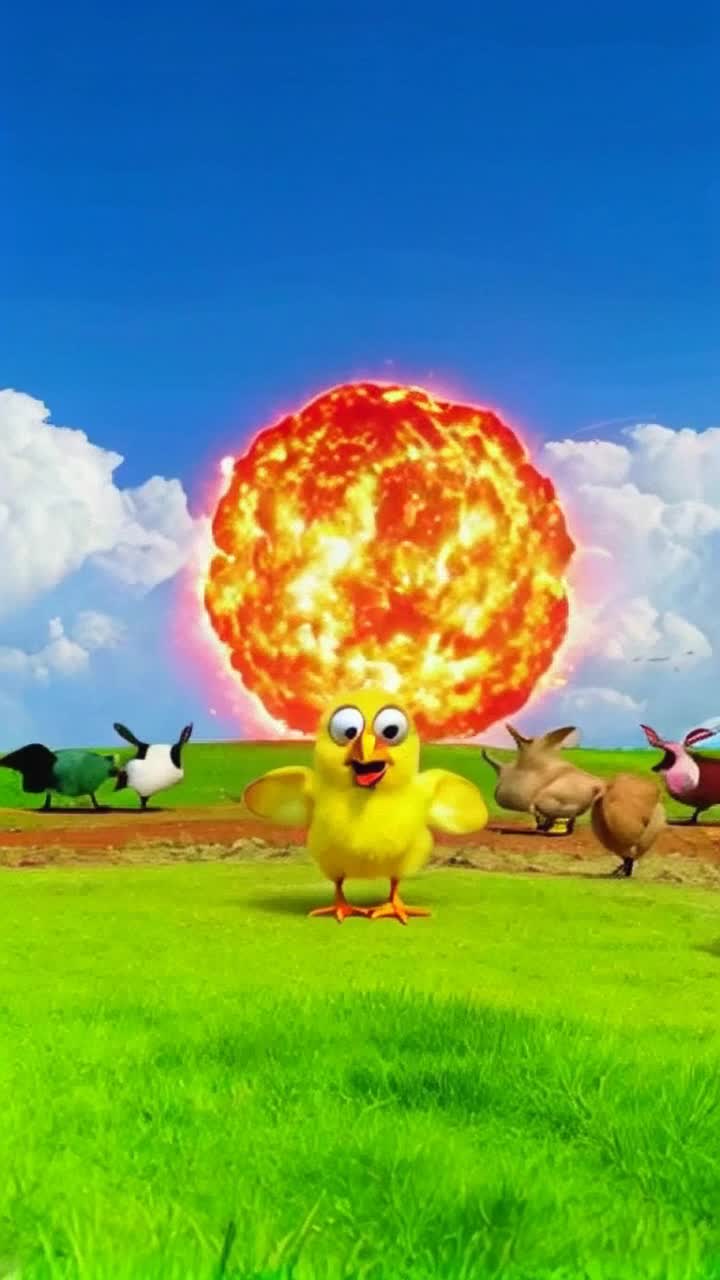 Fluffy yellow chick with oversized eyes darting hurriedly away from a massive, fiery explosion engulfing a colorful farm setting Fiery orange flames shooting high into the sky lighting up the scene with chaos Green grasses swaying wildly as smoke billows around, creating a dramatic contrast against the bright blue sky Adorable little feet flapping rapidly, leaving a trail of dust in its wake, while cartoonish sound effects of flapping wings add to the comical urgency Farm animals scatter in all directions with exaggerated expressions of surprise and concern, enhancing the playful chaos of this courageous little creatures escape