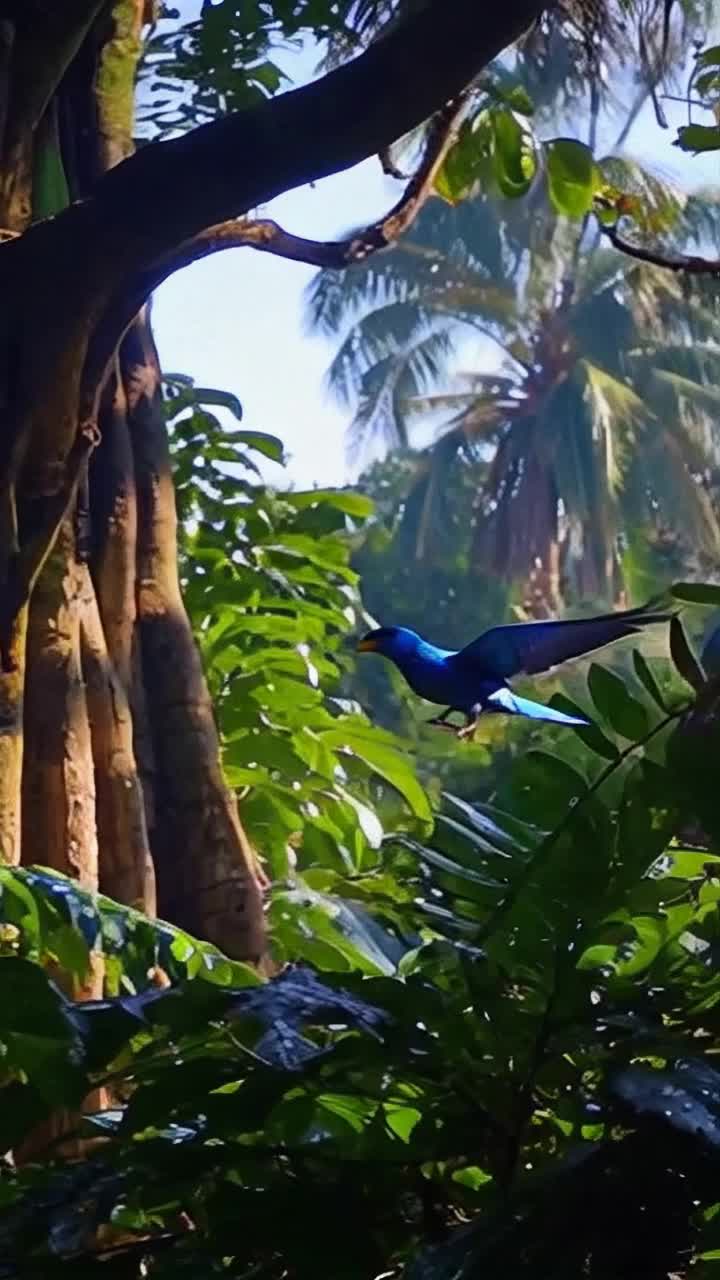 Daring blue jay with brilliant feathers gliding through vibrant jungle air Flapping wings in fearless determination soaring higher than ancient trees searching for elusive treasure nestled within lush emerald canopies Sunlight spills through leaves casting playful shadows on vibrant flora droplets glisten on foliage from recent rain a symphony of colors alive with life sounds of distant calls echo through the verdant paradise serenity tinged with adventure