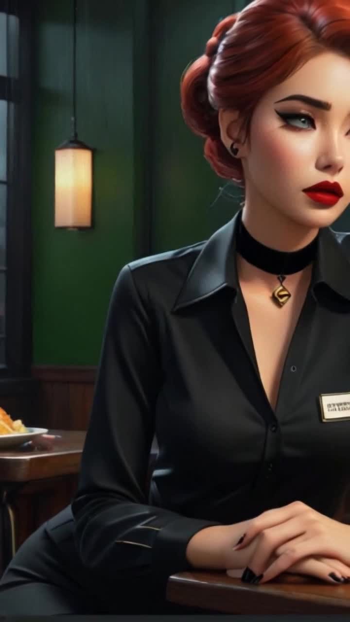 a beautiful red head woman, wearing all long sleeved black shirt black pants and black tennis shoes, her hair in a bun, running smiling seating people at a restaurant as a hostess, her name tag says Tara, the restaurant has green and gold interior, its busy with many workers wearing the same black uniform, she is the only red head women seen, the windows show its rainy and cloudy outside 