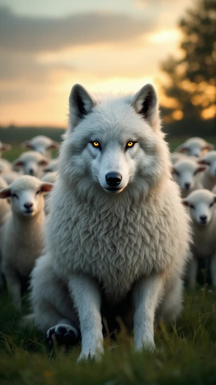 photorealistic14, cinematic lighting13, A wolf disguised in a perfectly fitted lambs skin, the fluffy white fleece contrasts with its sharp, predatory eyes glinting with cunning intelligence The disguise is almost perfect, but a single paw is visible, revealing sharp, dark claws instead of a soft hoof The creature is sitting innocently among a flock of real lambs in a peaceful green meadow at sunset The style is a dark fantasy allegory, high contrast, hauntingly beautiful, trending on artstation ar 916 style raw