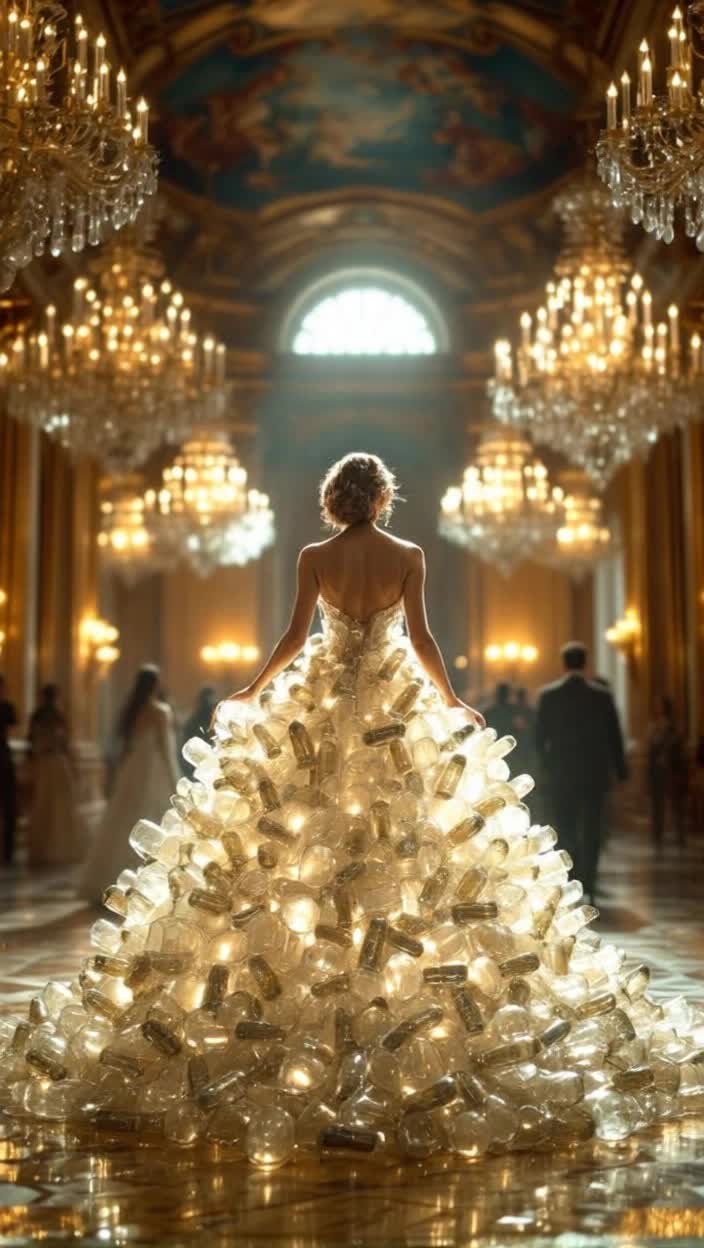 Pounie is wearing a ball gown made out of glass beer bottles at a fancy dress ball in an opulent ballroom
