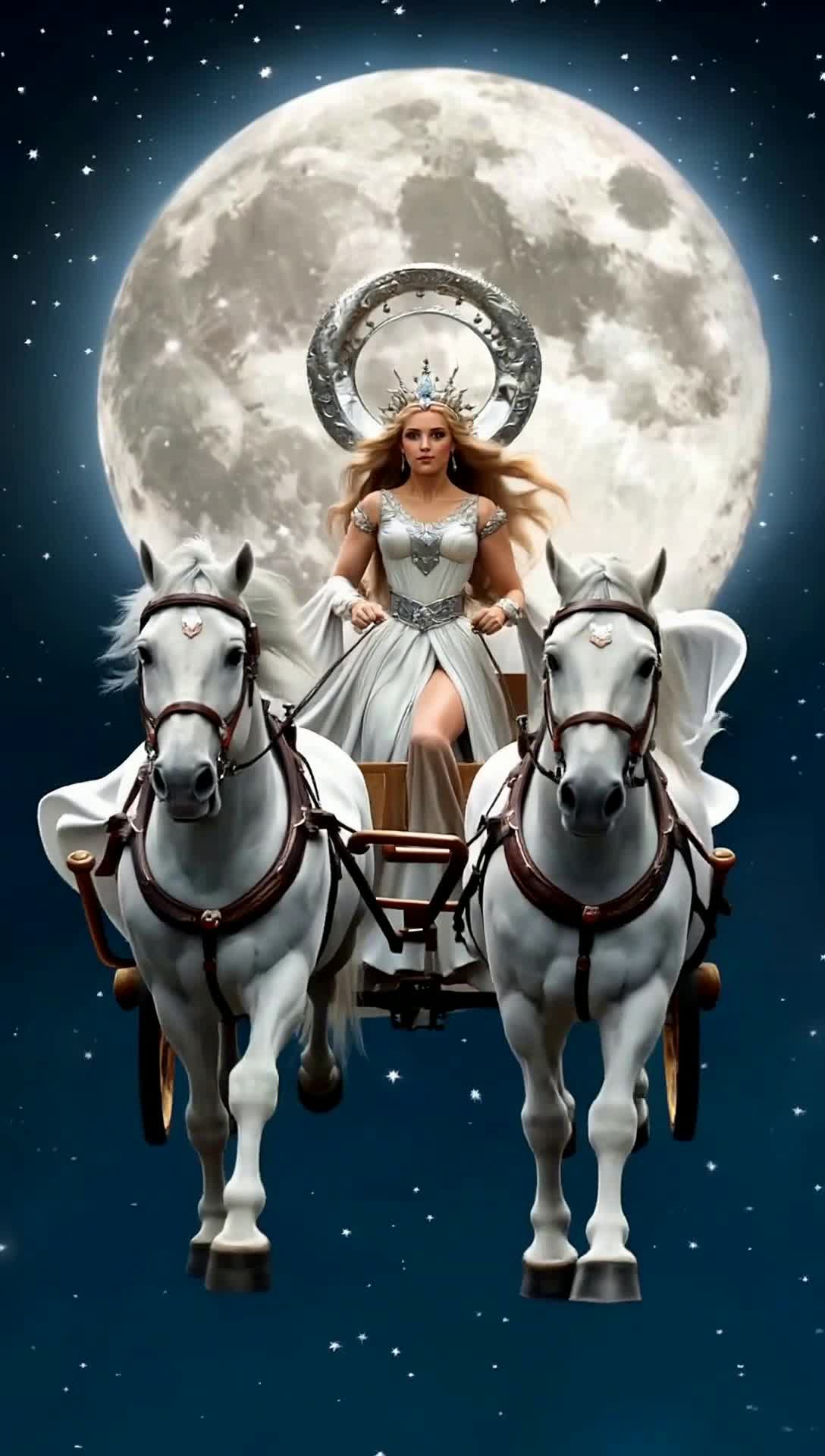 Selene is the Greek goddess of the moon, depicted as a beautiful woman with a crescent moon crown who drives a chariot drawn by two white horses across the night sky