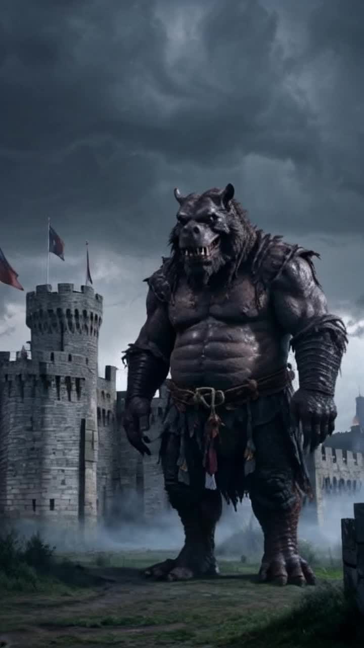 Colossal ogre  in tattered medieval garments towering over castle walls gazing down with a menacing grin as a gentle breeze lifts flags fluttering atop spires under a stormy sky dotted with dark clouds and distant lightning bolts illuminating the ancient stone structure surrounded by mystical woods shrouded in mist highlighting the tension between nature and beast