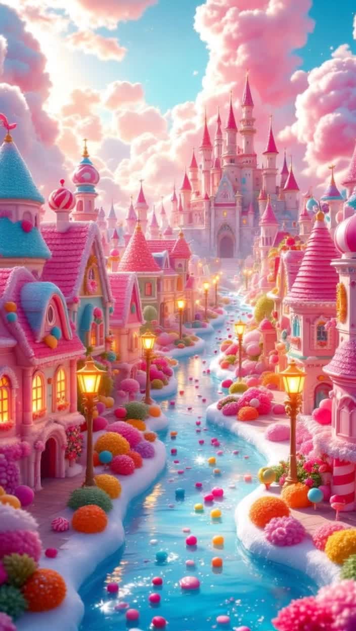 Colorful candy houses with gummy roofs Candy people walking joyfully down licorice streets Cotton candy clouds floating above Whimsical gumdrop trees shimmering in sunlight Chewy caramel rivers flowing through the city Sweet scents wafting through the air as lollipop streetlights twinkle Sparkling sugar paths leading to a grand candy castle decorated with chocolate fountains Cheerful scenes of candyland life bursting with vibrant colors and delightful surprises