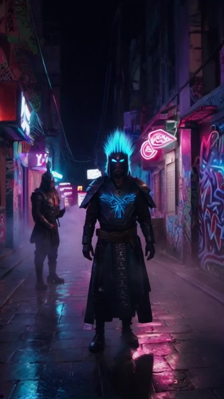 Spiritual Jedi samurai with spiky hair radiating atomic blue energy Evil demon lord of chaos lurking in shadows Intense gaze focused on target Neon-lit alleyway filled with vibrant graffiti glowing in various hues Soft mist swirling around glowing neon signs casting vibrant reflections on wet pavement Sounds of distant city life intertwining with echoing footsteps