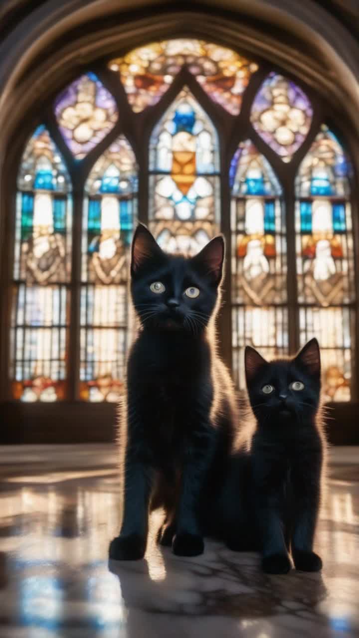 Three fluffy black kittens dressed in tiny dapper tuxedos twirl gracefully across a polished marble floor Paws gliding in sync to a whimsical waltz Magnificent stained glass windows casting colorful patterns onto their playful steps Crystal chandeliers sparkling above, illuminating their delicate fur Gentle echoes of a symphonic melody filling the air, enhancing the enchanting ambiance Enormous velvet drapes framing majestic arches, swaying slightly as if dancing along with the trio Soft beams of sunlight breaking through highlight their joyous expressions, capturing the sweetness of this extraordinary ballroom performance 
