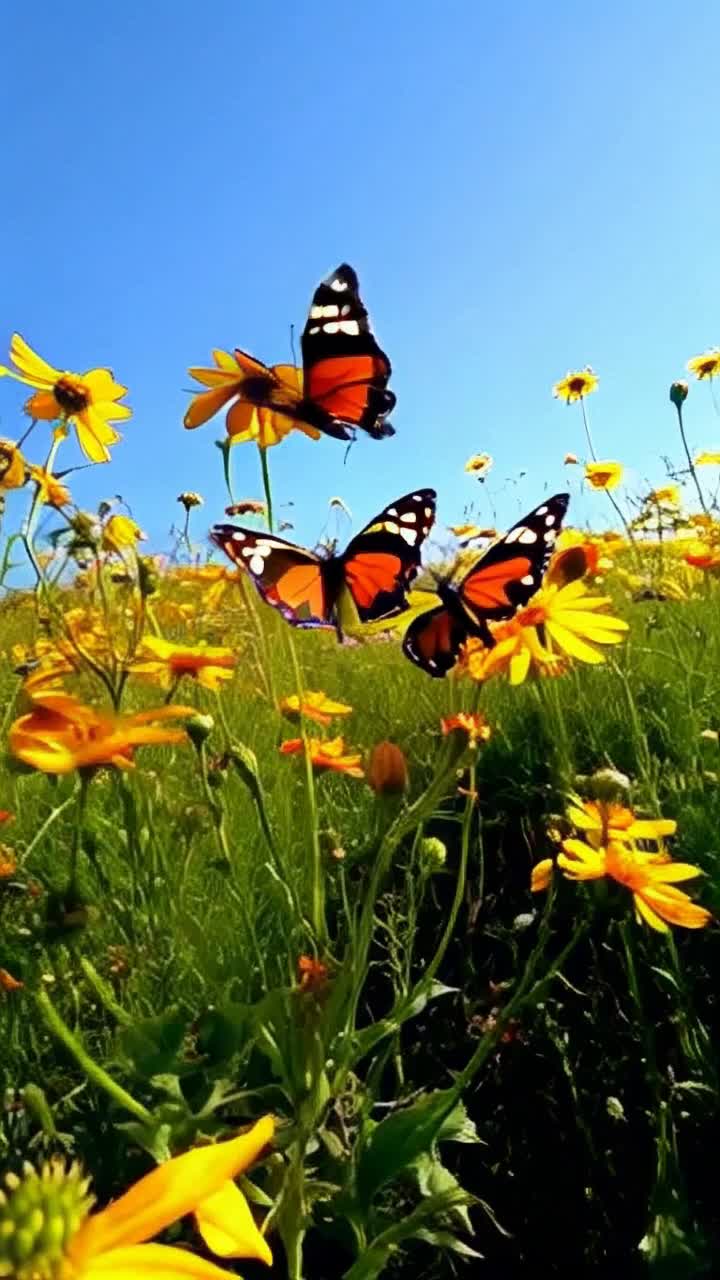 Colorful butterflies flutter gracefully through a sunlit meadow  Gently landing on vibrant flowers to taste sweet nectar  Lush greenery surrounds them with blooms swaying in a light breeze under a clear blue sky