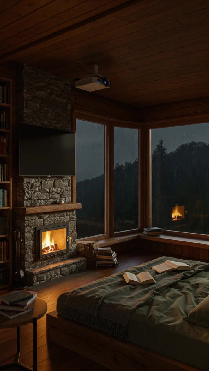 static camera, make it rain outside the windows, the tree sways by the wind