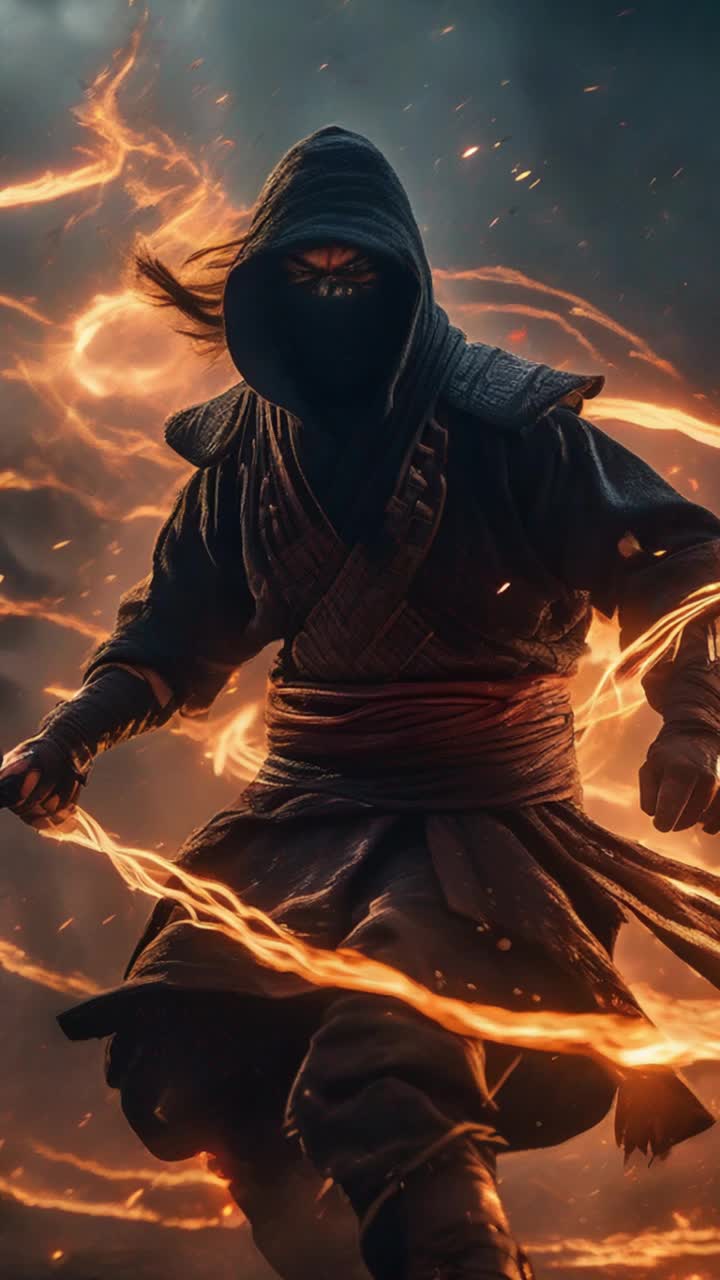 Brave ninja weaving through hordes of shadowy demons exhibiting twisted forms crackling with dark magic Surges of brilliant light clash against sinister spells transforming battlefield into a spectacular spectacle of color and chaos Swiftly dodging fiery projectiles twisting and spinning with breathtaking agility amidst swirling smoke and flickering flames A stormy night sky illuminated by eerie lightning bolts creating an atmosphere filled with tension and excitement Surrounding landscape littered with remnants of past battles shadows creeping over shattered armor and decaying monuments adding depth to the scene