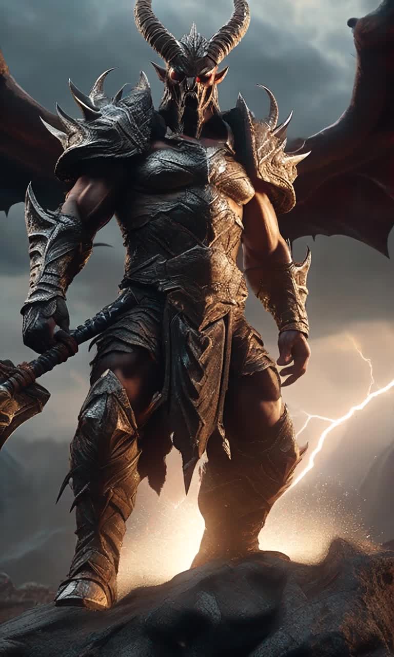 Heroic warrior clad in glinting armor gripping magnificent axe of retribution radiating unmatched strength facing snarling horde of dark demonic creatures with twisted horns and glowing eyes. Feet planted firmly on rugged terrain as thunderclouds swirl above casting ominous shadows. Eerie whispers echo through the air as distant mountains loom framed by flashes of lightning illuminating fierce determination in the warrior's gaze. Blood-red sky contrasts with the dark figures advancing menacingly. Energy crackles around them as tension builds in the atmosphere