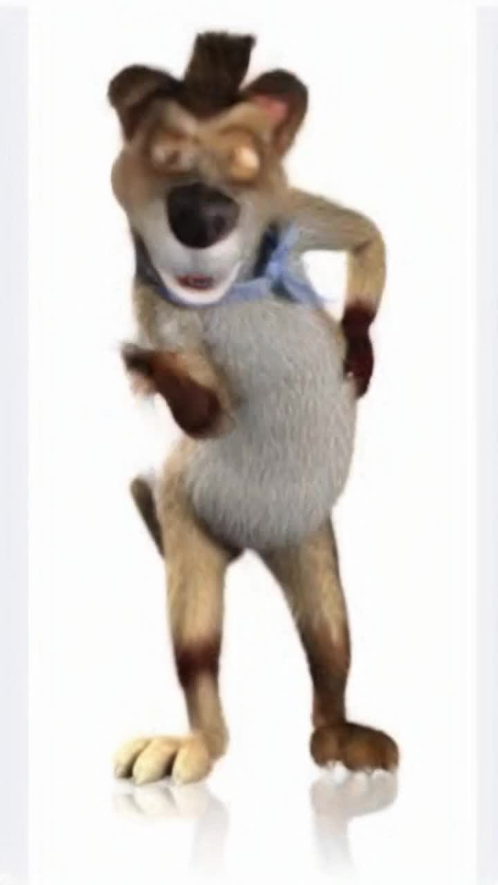 An anthropomorphic dog character starts walking towards the camera getting closer and closer to it, low angle view