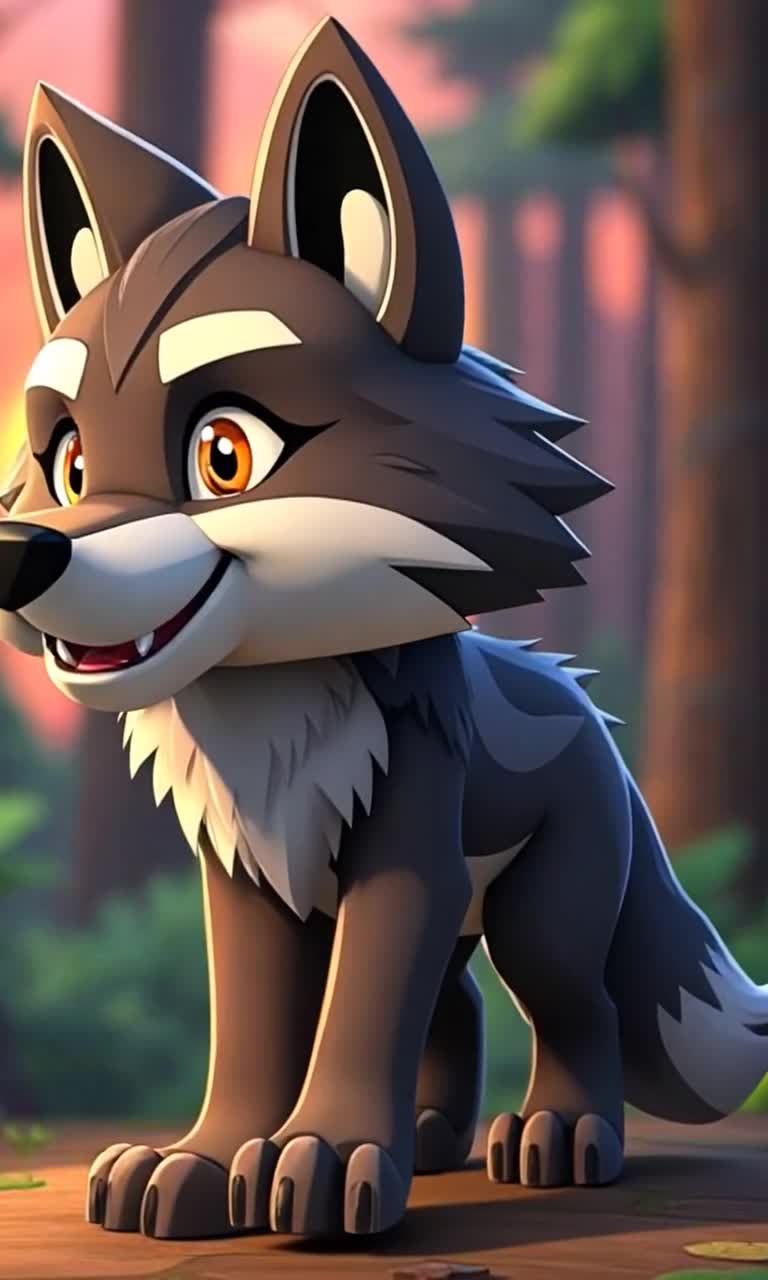 Majestic wolf with tritone fur blending seamlessly into lush green foliage agilely prowls along forest floor vibrant orange sunset illuminating the sky glimmering through treetops as soft shadows dance around startled creatures watching from hidden nooks golden rays casting enchanting hues on wolfs fur revealing playful smile showing sharp fangs in full body view energy radiating from character as it embodies the spirit of the wild enchanting atmosphere of a Minecraftinspired adventure inviting viewers into a world of training mythical beasts camaraderie calls of distant friends echoing through the tranquil woodlands mystical and inviting