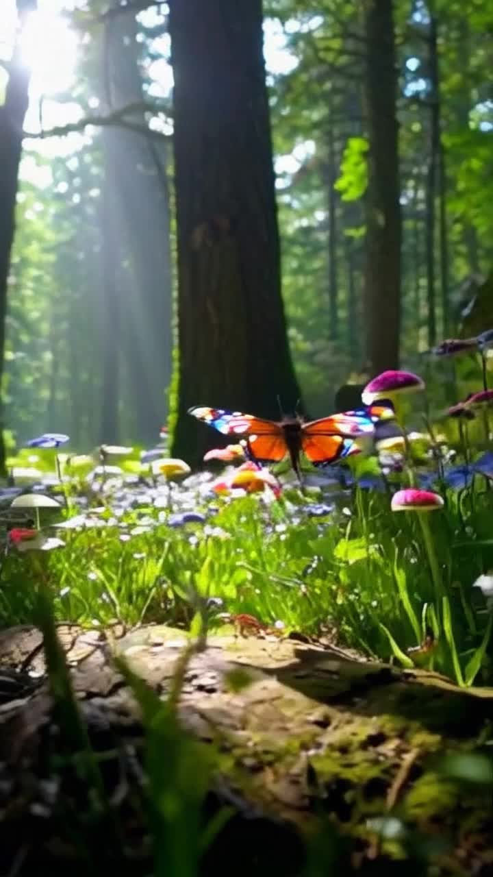 Colorful beaded insect with large iridescent bubbled eyes and delicate, intricate butterfly wings gliding gracefully through lush emerald foliage Vibrant wildflowers sway gently in a warm breeze as sunlight filters through dense tree branches casting playful shadows on the forest floor Birdsong fills the air creating a symphony that accompanies the insects enchanting flight Wild mushrooms dot the ground adding splashes of color while the soft rustle of leaves creates a magical atmosphere in this deep woodland sanctuary