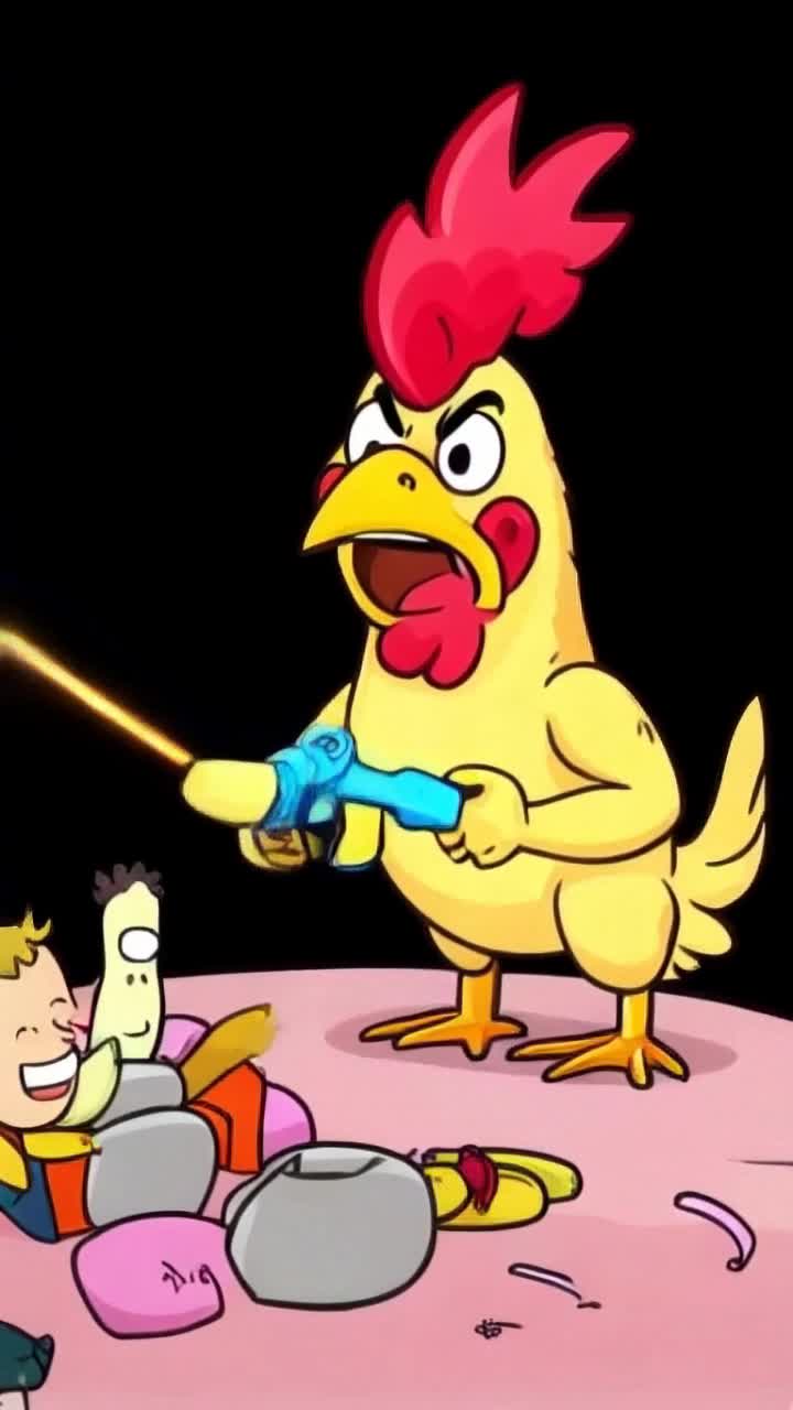 An angry chicken from another dimension shoots a banana shaped and colored laser gun at tiktokers that laugh as they are being turned into bananas 