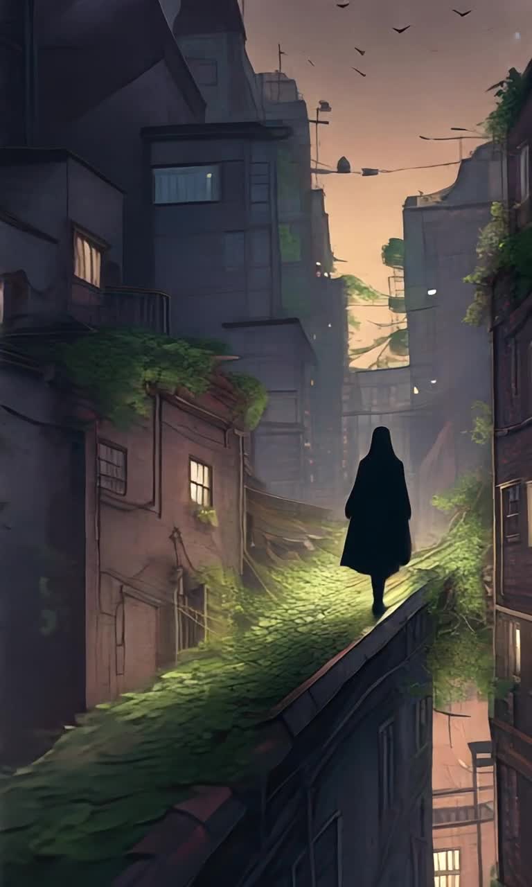 Mysterious figure cloaked in shadows darting with agility across rooftop ledges heart racing with adrenaline discovering hidden city secrets nestled within dark alleyways surreal skyline illuminated by moonlight crumbling rooftops adorned with ivy echoes of distant sirens weaving through night air rustling leaves whispering untold stories beneath starry expanse