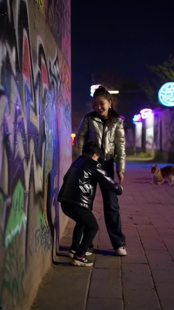 Confident girl with flashy attire towers over smaller classmates asserting dominance with sneering laughter Contemptuously shoving one against a graffiticovered wall Stray cats scurry away as evening shadows stretch across cracked pavement Neon signs flicker overhead casting an eerie glow over the tense street corner where onlookers whisper in hushed voices